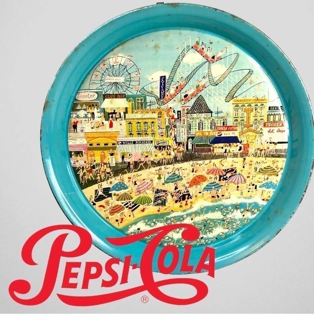 Vintage Coney Island Pepsi Cola Metal Round Drink Serving Tray
